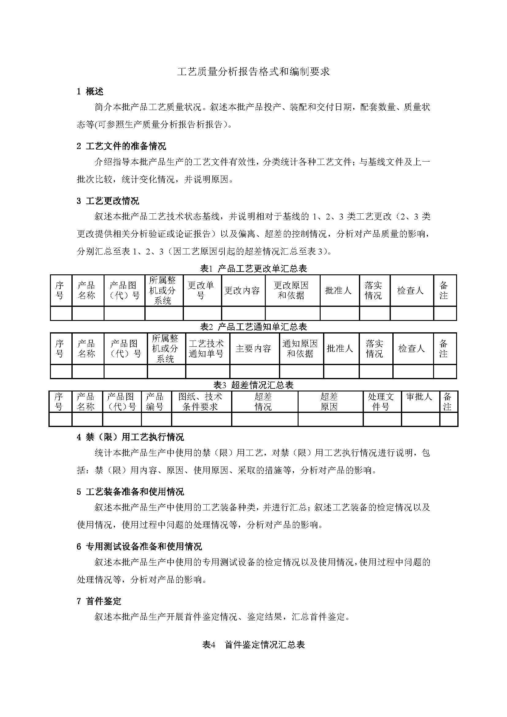 文档指南丨工艺质量分析报告格式和编制要求（模板）